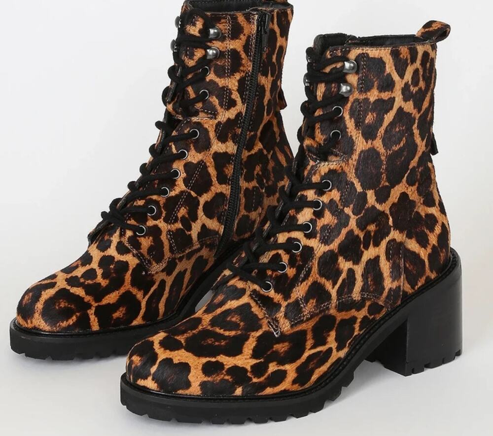 Seychelles Irresistible Leopard Pony Hair Leather Mid-Calf Lace-Up Boots Sz 8.5